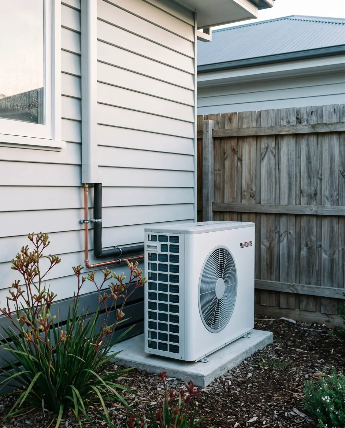 Hot water heat pump installed beside a weatherboard Melbourne home