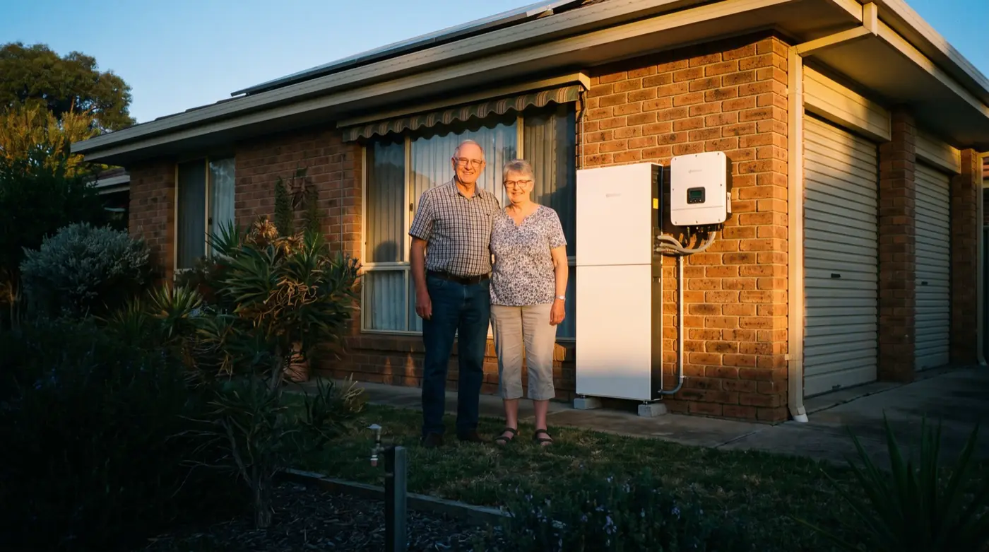 Melbourne homeowner Betty outside her home with solar and battery installed