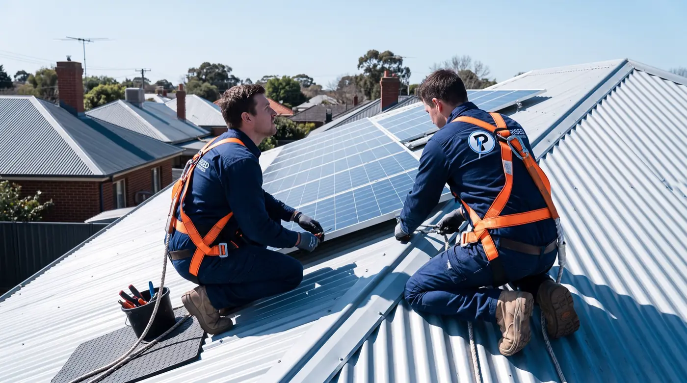 Electrician fixing solar panel rails to a Melbourne rooftop