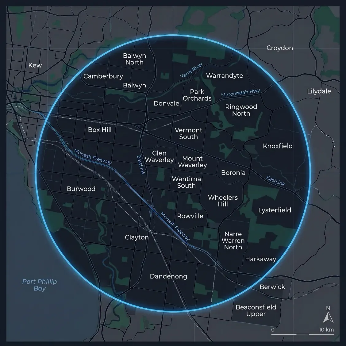 Map of Melbourne's east showing the Polarised Electrical service area