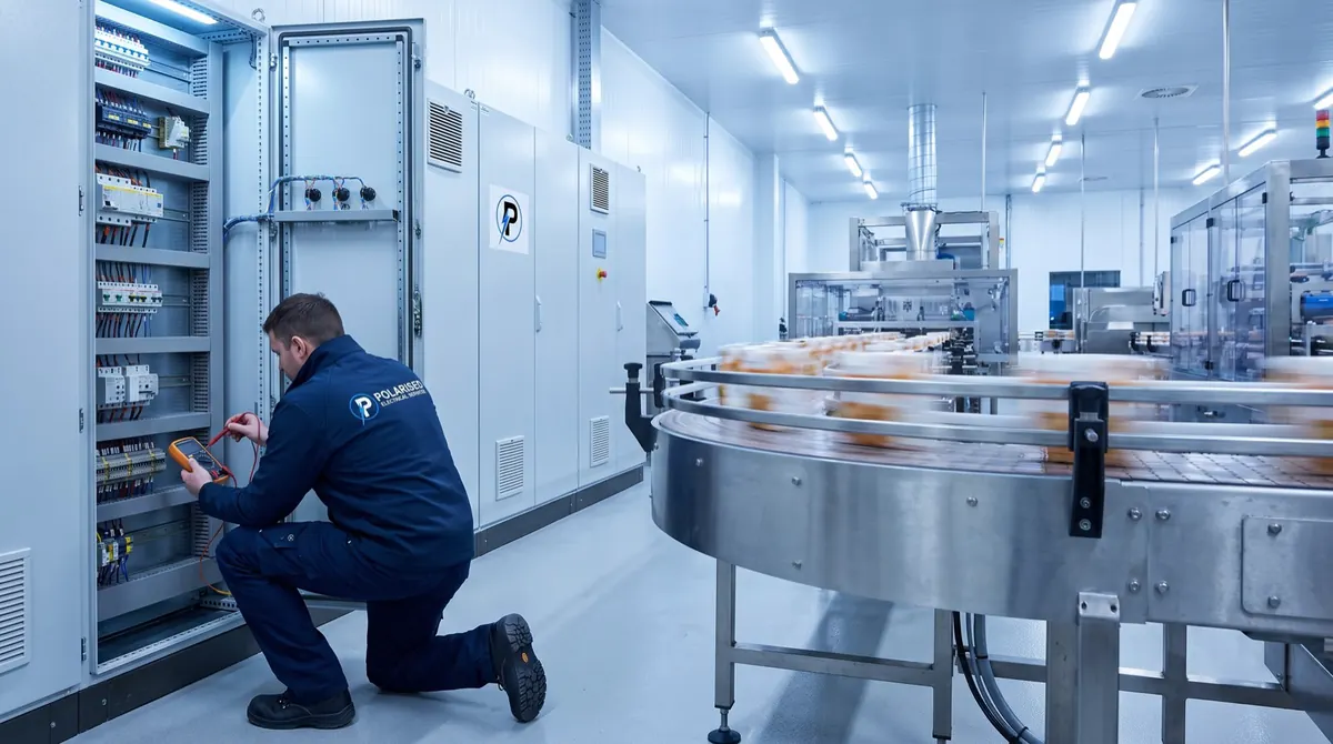 Polarised electrician testing a switchboard on a food production line