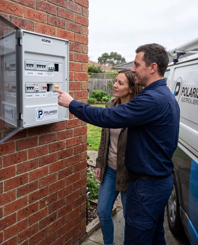 Electrician talking a homeowner through an electrification assessment
