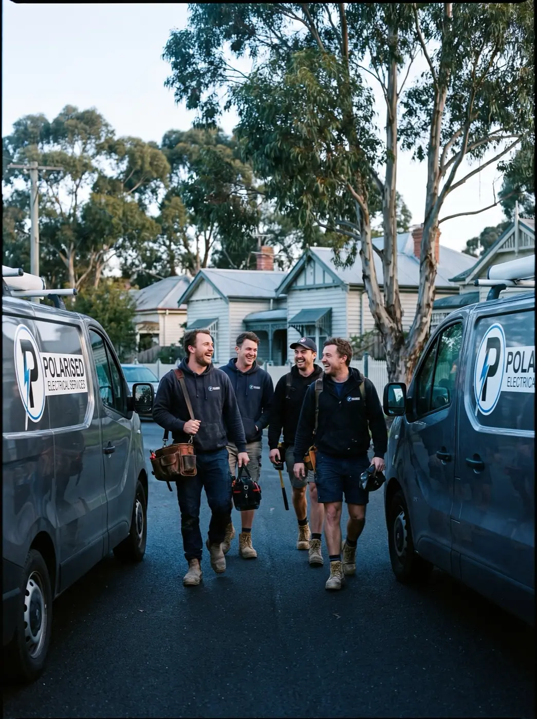 Polarised Electrical service vans parked at a Melbourne east job